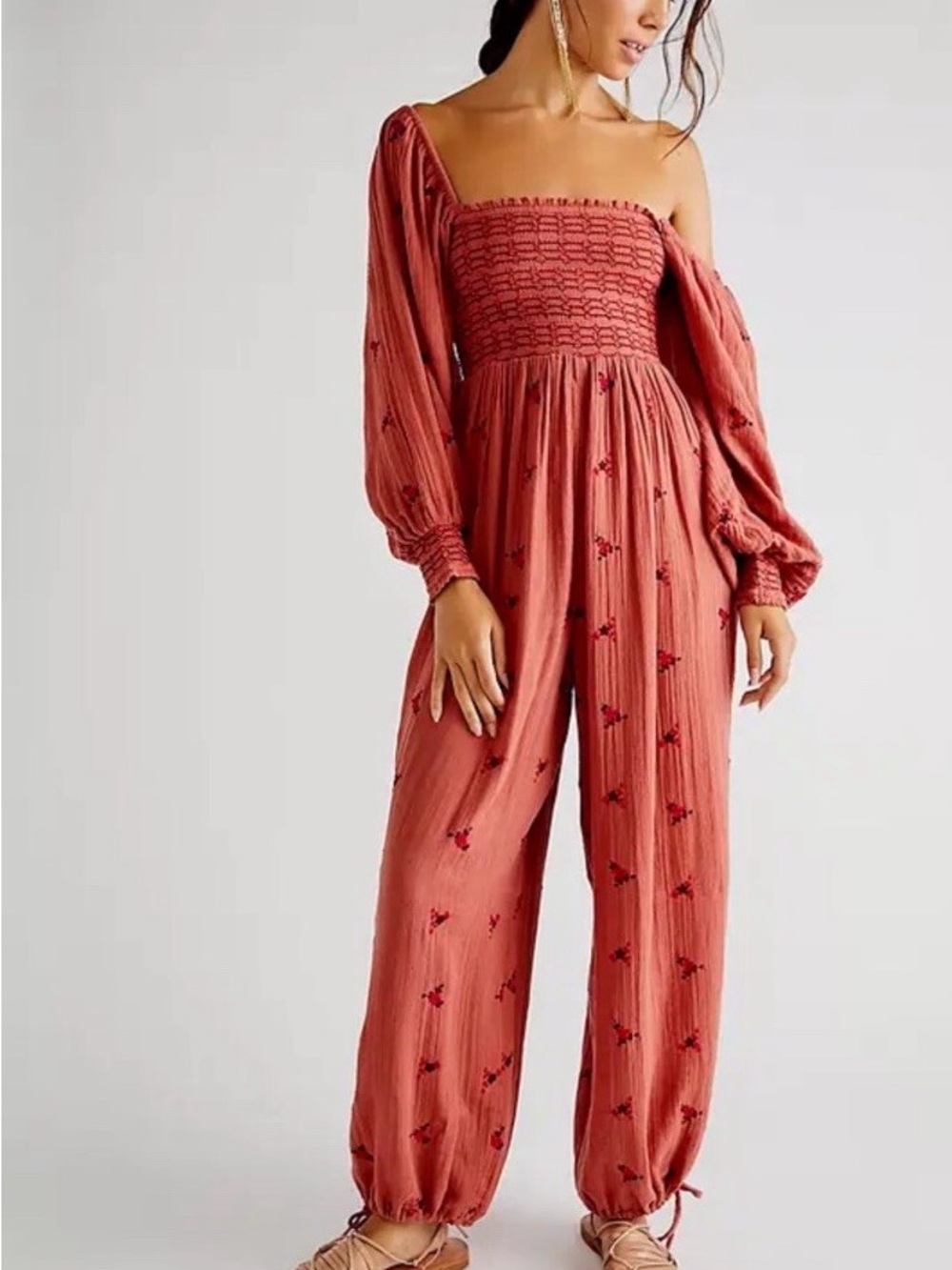 Free People Dahlia Embroidered Jumpsuit in Warmstone